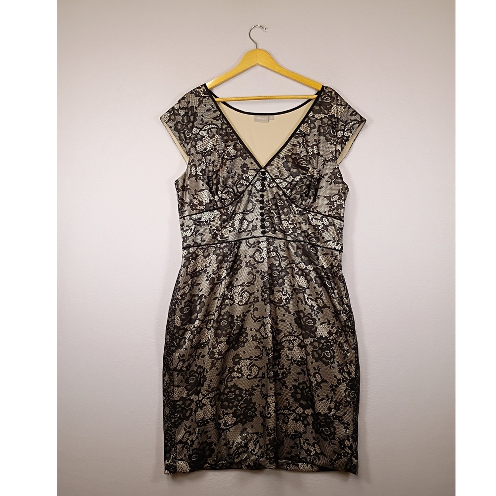 Gothic Glam eShakti Womens XL 18 Black Champagne Floral Lace V-Neck Sheath Dress